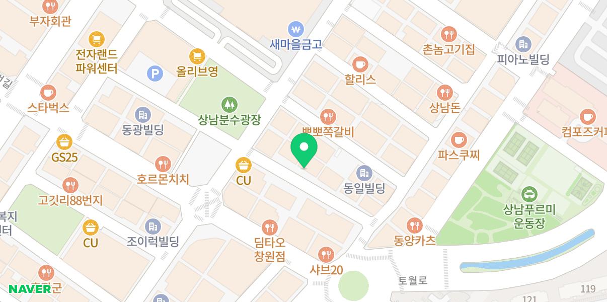 상남분수광장 인근 마디미로43번길에 위치한 한인연 창원상남점 지도