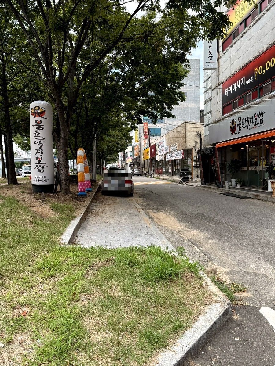 가게 앞 도로변과 가로수길에 세워진 에어벌룬 간판, 주차 가능한 노면 공간