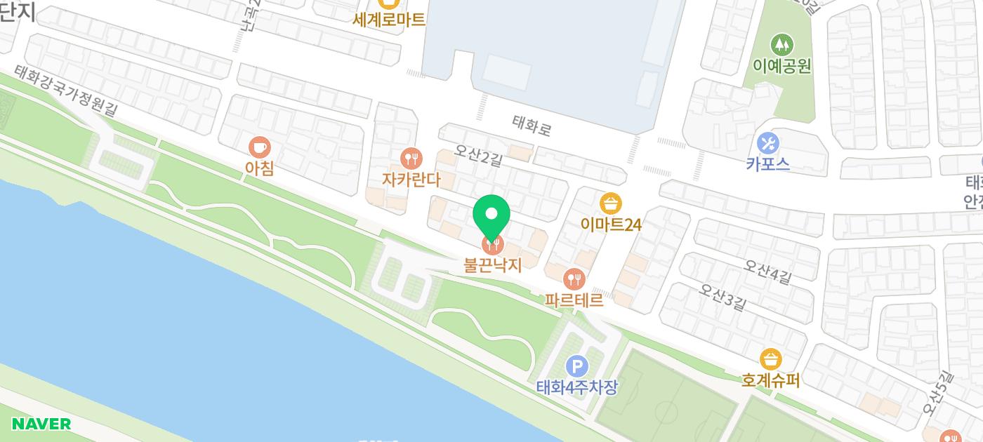 태화강국가정원길 옆, 태화4주차장 인근에 표시된 불끈낙지 태화강점 위치