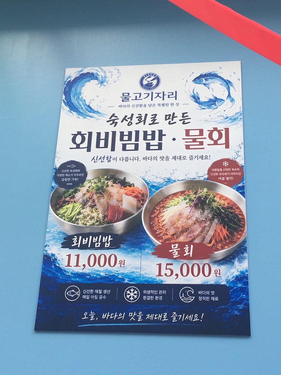 숙성회로 만든 회비빔밥 11,000원, 물회 15,000원 안내 포스터