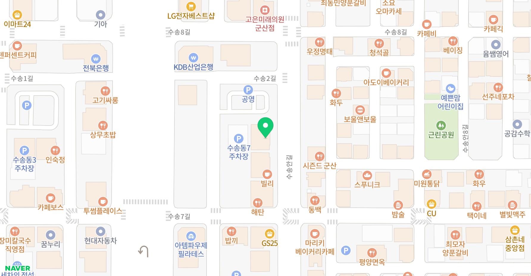 수송안길 매장 위치와 바로 옆 공영주차장, 수송동7주차장이 함께 보이는 지도