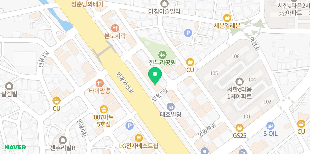 한누리공원 아래 인동5길·인동북길 사이에 위치한 매장 지도