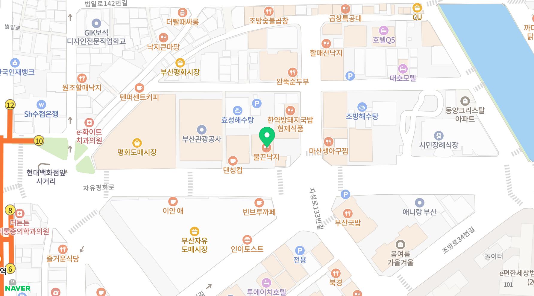 범일역과 자유평화로 일대에서 불끈낙지 위치를 표시한 지도