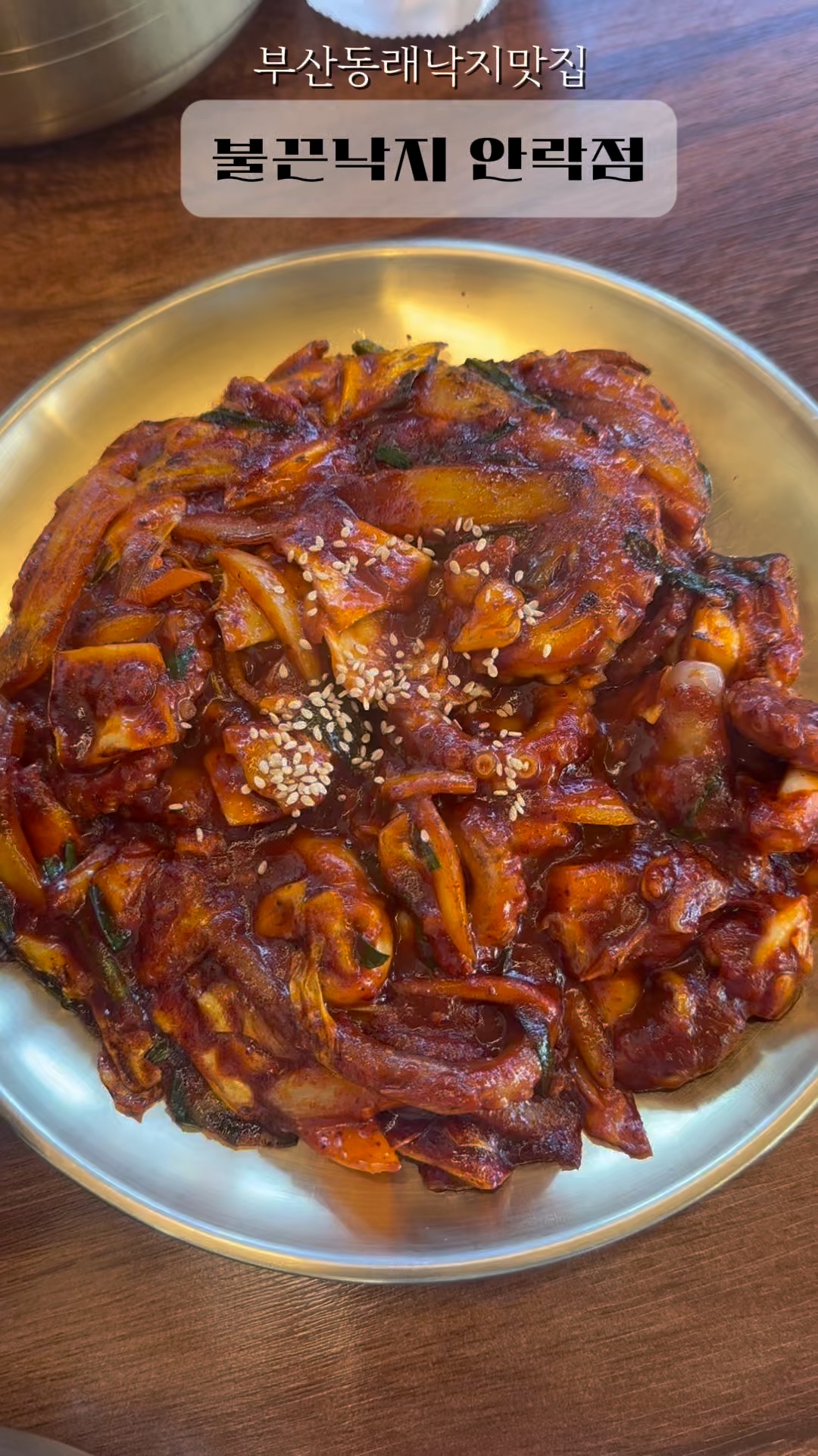 접시 가득 담긴 통통한 낙지볶음, 깨를 뿌린 빨간 양념이 윤기 있게 올라와 있다