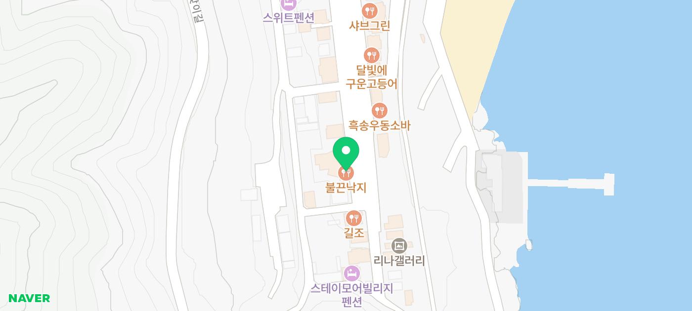 송정해수욕장 바로 안쪽 골목에 위치한 매장 지도. 해변과 가까운 동선입니다.