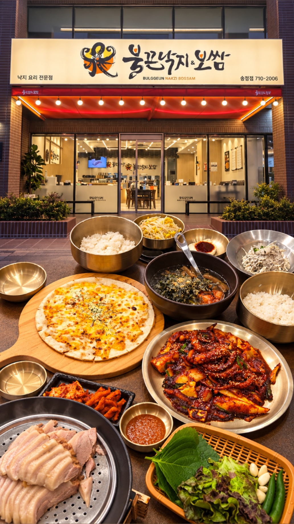 치즈피자와 묵사발, 낙지볶음, 보쌈과 쌈 채소가 함께 차려진 구성.
